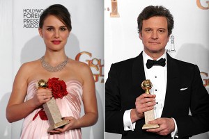 Natalie Portman amerikai színésznő a legjobb drámai színésznő díjával a kezében és Colin Firth a legjobb drámai színész elismerésével a Golden Globe-díjak 68. kiosztóján Los Angelesben 2011. január 16-án Natalie Portman amerikai színésznő a legjobb drámai színésznő díjával a kezében és Colin Firth a legjobb drámai színész elismerésével a Golden Globe-díjak 68. kiosztóján Los Angelesben 2011. január 16-án