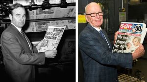 Rupert Murdoch ausztrál-amerikai sajtómágnás a The Sun példányával 1969-ben, és a The Sun on Sunday példányával 2012. február 26-án