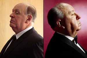 Anthony Hopkins brit színész, mint Alfred Hitchcock angol filmrendező a Hitchcock munkacímű film forgatásán 2012. április 13-án, valamint egy eredeti kép a rendezőről