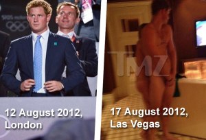 Harry brit királyi herceg a londoni olimpia záróünnepségén 2012. augusztus 12-én, illetve néhány nappal később (a kép alatti dátum helytelen) meztelenül Las Vegasban
