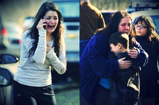 Hozzátartozók a Connecticut állambeli Newtownban lévő Sandy Hook Általános Iskolában 2012. december 14-én