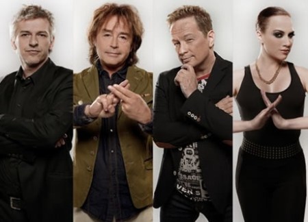 Az X-faktor negyedik szériájának mentorai, Alföldi Róbert rendező, Szikora Róbert, Geszti Péter és Tóth Gabi zenész-énekesek