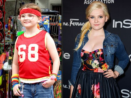 Abigail Breslin A család kicsi kincse című film forgatásán 2005-ben és a vörös szőnyegen 2013-ban