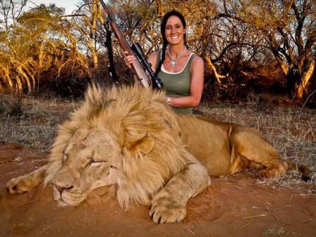 Melissa Bachman műsorvezető a lelőtt hímoroszlánnal pózol Dél-Afrikában, 2013. november