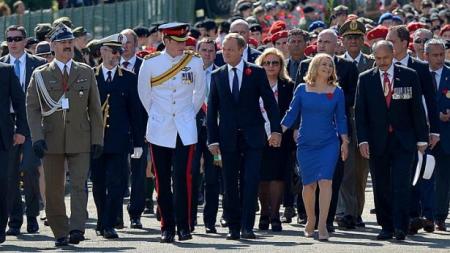 Donald Tusk lengyel kormányfő, Jerry Mateparae új-zélandi kormányzó, Wieslaw Grudzinski lengyel tábornok és Harry herceg a Monte Cassinó-i csata 70. évfordulója alkalmából rendezett megemlékezésen 2014. május 18-án