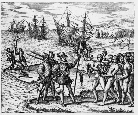 Kolumbusz Kristóf az amerikai kontinensre lép (Rézkarcolat)