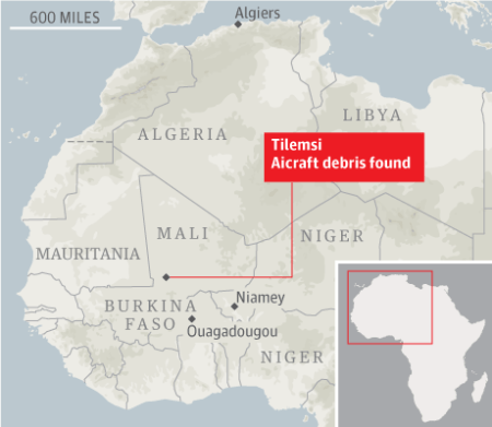 A lezuhant algériai utasszállító gép roncsainak lelőhelye térképen